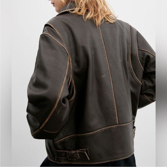 NEW Mango Oversized Worn-Effect Leather Jacket - Picture 12 of 17
